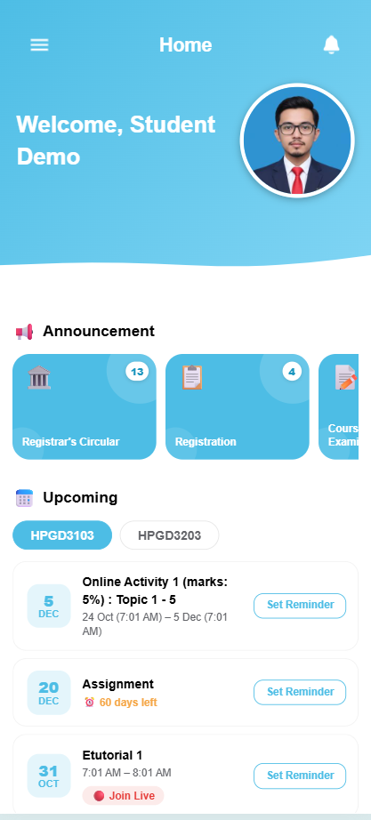 Halaman utama myoumapps dengan pengumuman dan aktiviti akan datang
