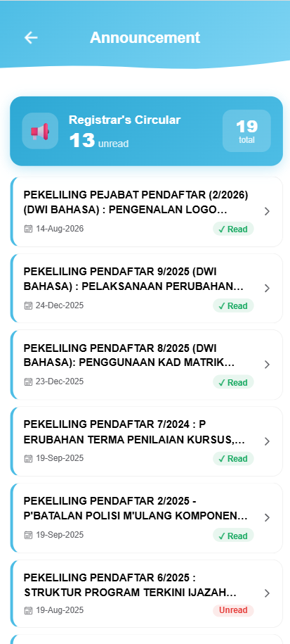 Senarai pekeliling pendaftar dan status bacaan pengumuman