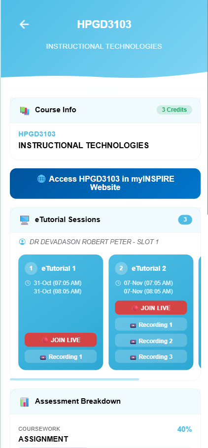 Maklumat kursus HPGD3103 dan sesi eTutorial