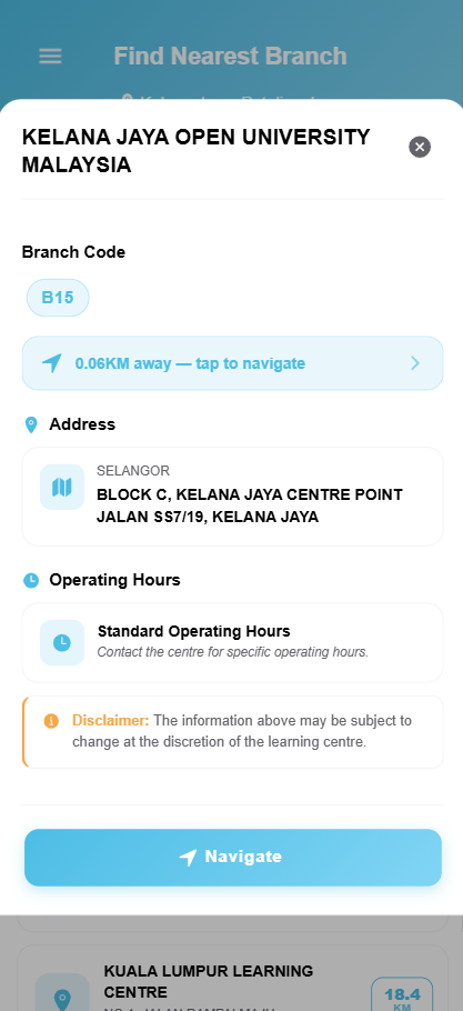 Alamat, kod cawangan dan navigasi ke pusat pembelajaran Kelana Jaya